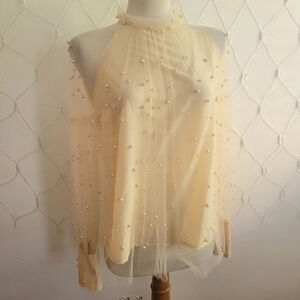 Beaded Sheer Sleeve Blouse / Faux Pearl Beads / Medium